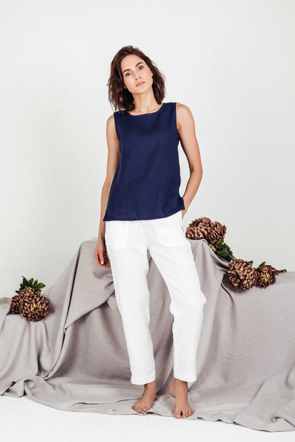 Women's Cropped Linen Top - Navy Blue Sleeveless Blouse - SOLTA