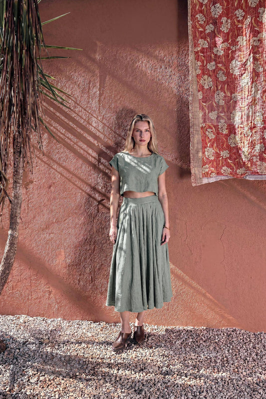 Dusty Sage Bridesmaid Linen Boxy Crop Top & High-Waisted Midi Skirt - NAOMI