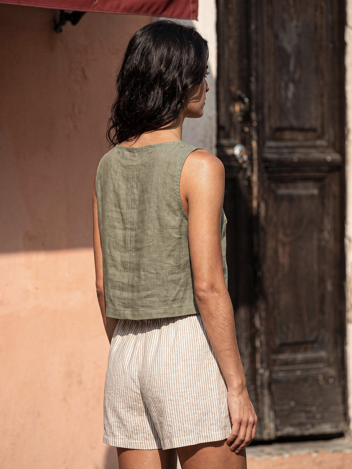 Eucalyptus Green Sleeveless Linen Crop Top - VIDA