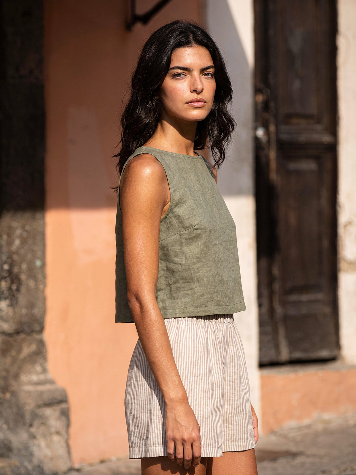 Eucalyptus Green Sleeveless Linen Crop Top - VIDA