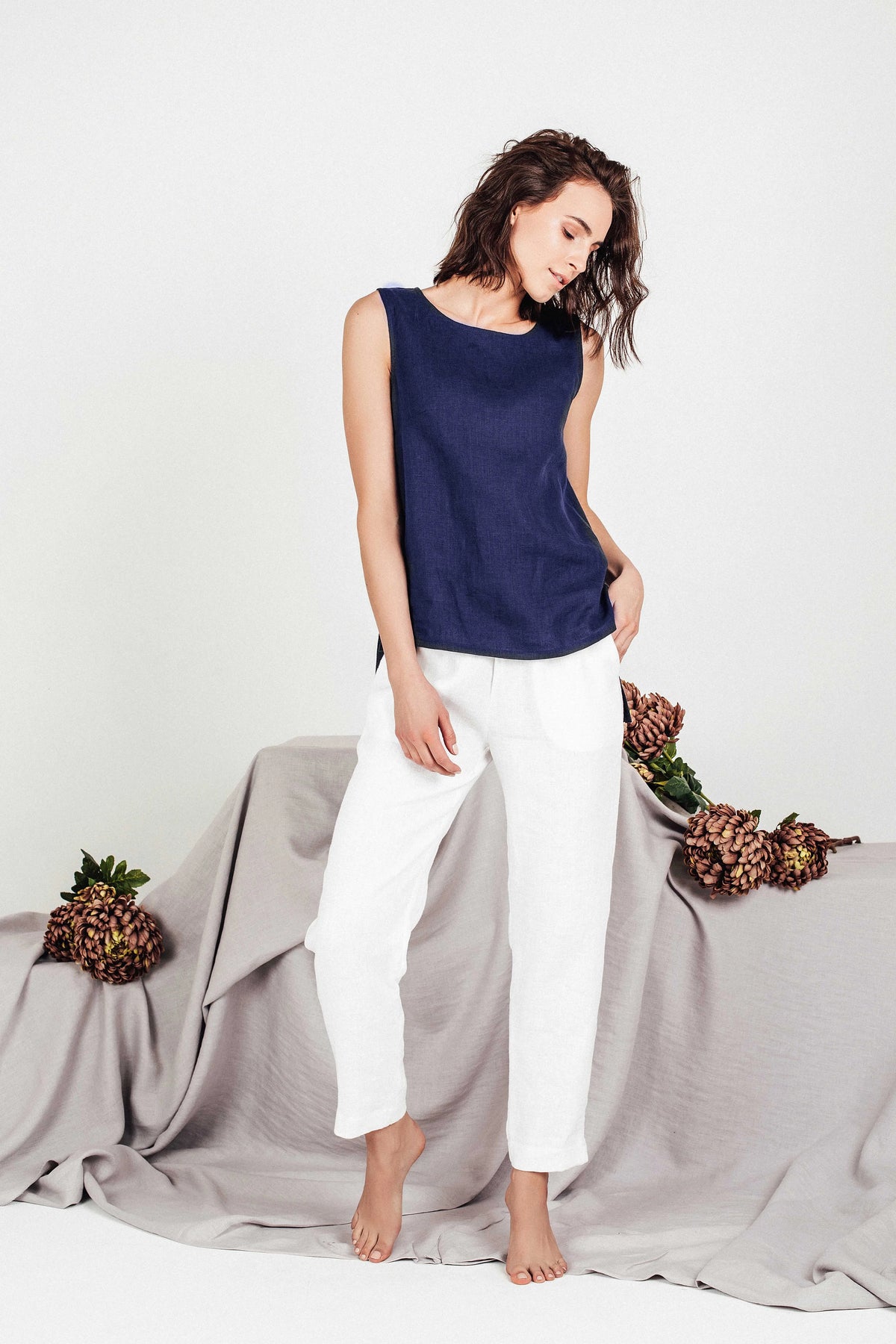 Women's Cropped Linen Top - Navy Blue Sleeveless Blouse - SOLTA