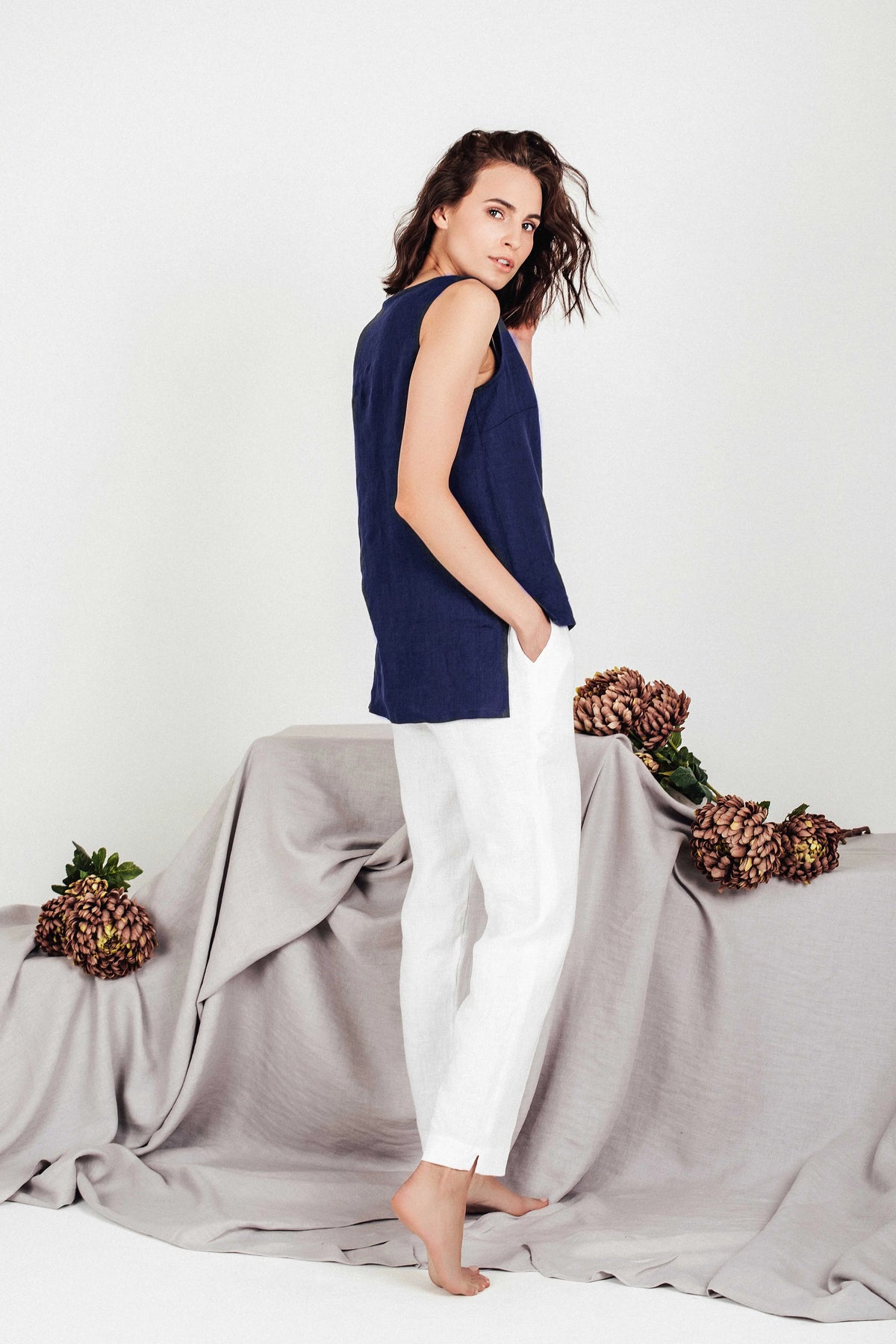 Women's Cropped Linen Top - Navy Blue Sleeveless Blouse - SOLTA