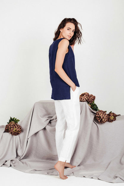 Women's Cropped Linen Top - Navy Blue Sleeveless Blouse - SOLTA