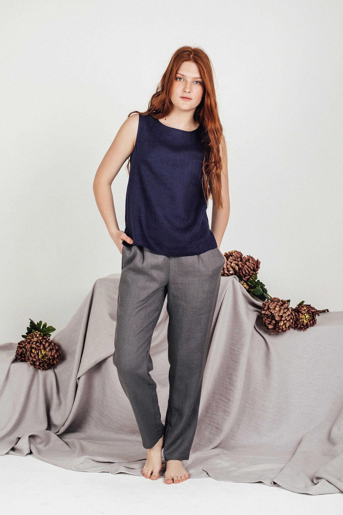 Women's Cropped Linen Top - Navy Blue Sleeveless Blouse - SOLTA