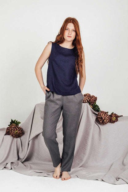 Women's Cropped Linen Top - Navy Blue Sleeveless Blouse - SOLTA